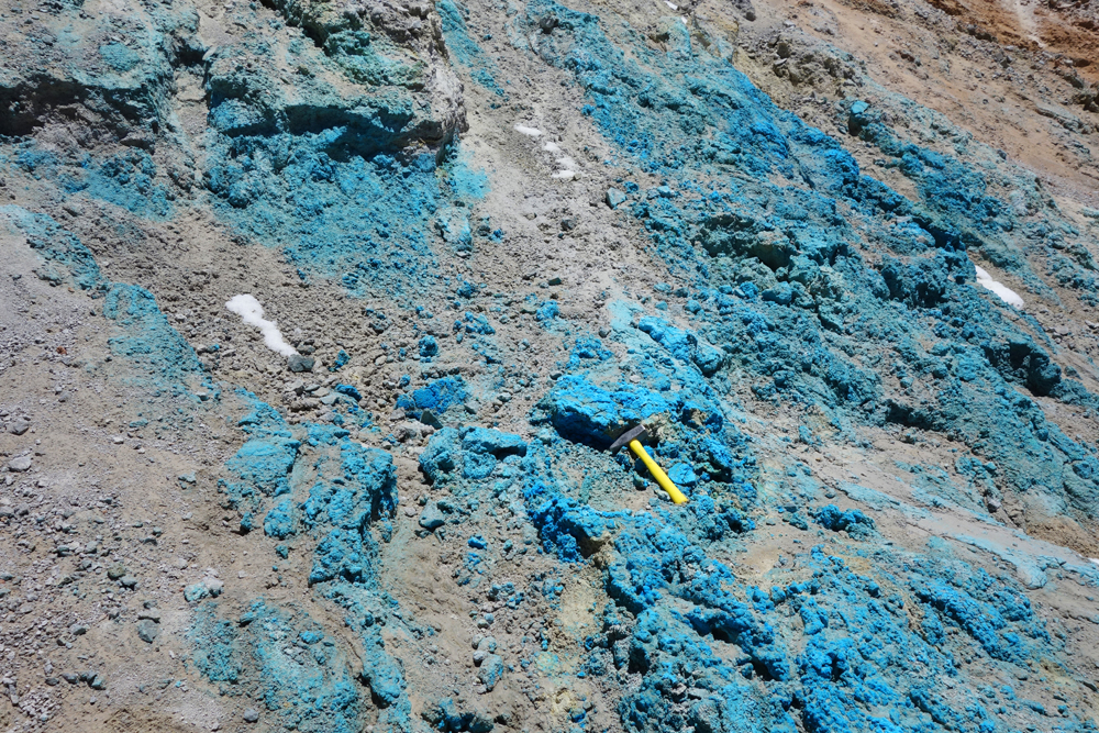 When looking for copper, seeing copper oxides at surface like this doesn't hurt (Photo: NGEx Resources)