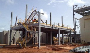 Workers building the mill platform at Agbaou months ago (Company) 