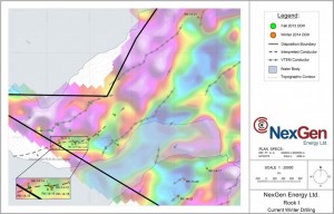 Western Rook 1 claims, winter drilling 2014 (gravity background) (Image: NexGen Energy)