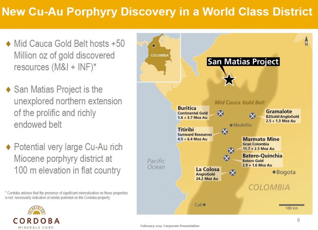 The Mid-Cauca belt hosts +50 million ounces of gold (Source: Cordoba Minerals Corp.)