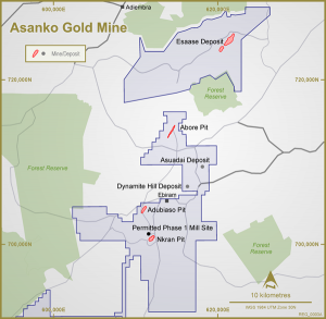 The consolidated Asanko Gold Mine hosts numerous pits(Source: Asanko Gold Inc.)